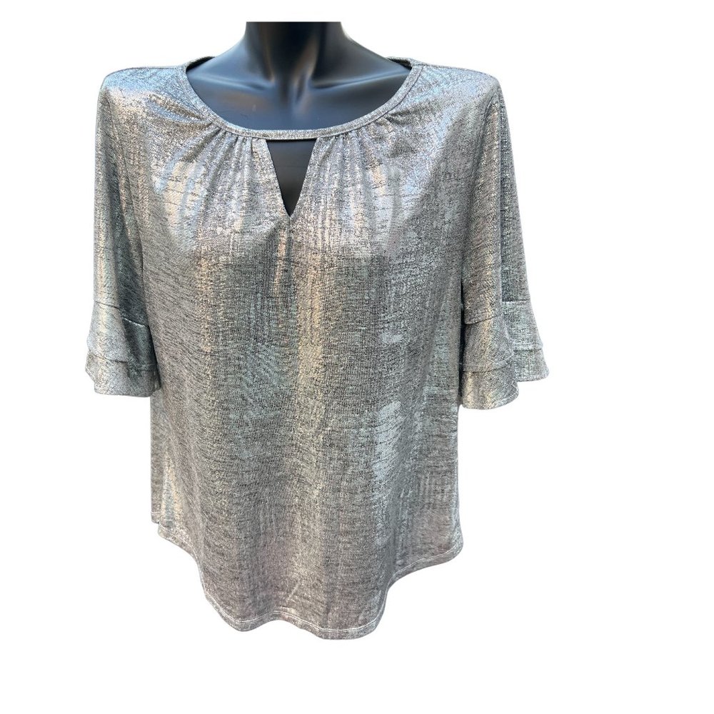 Seventh Ave Metalic Silver Blouse Half Ruffle Sleeve Polyester Blend Size L